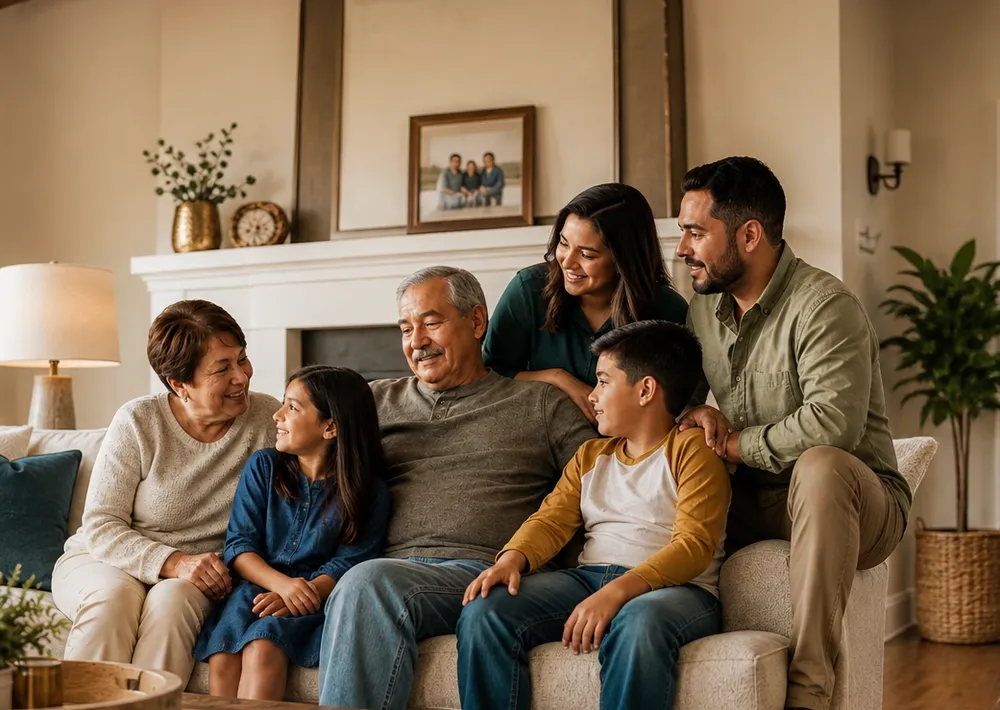 Multi-generational family sitting together on a sofa